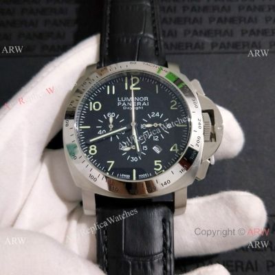 High Quality Replica Panerai Watches Luminor Daylight 44mm Black Dial Black Leather Strap